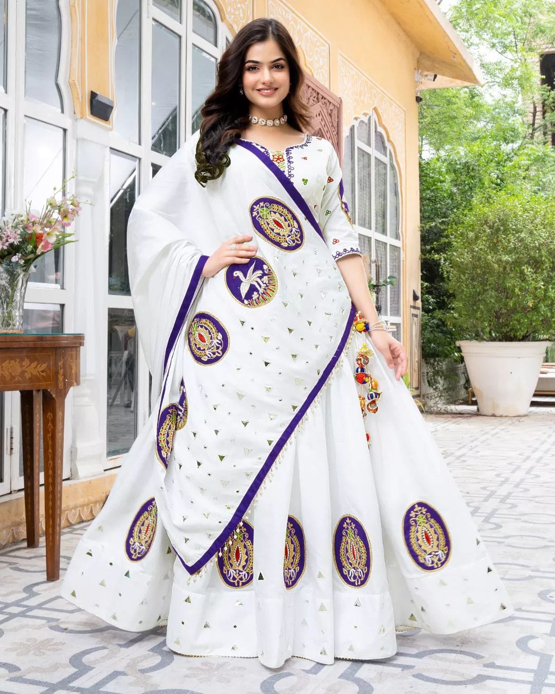 White Color Soft Butter Silk Chaniya Choli | Fancy Digital with Real Mirror Work for Traditional Wear