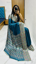Beautiful Rama Ajrakh Pure Gajji Silk Saree WIth Tassel