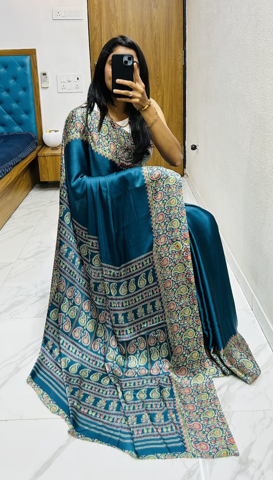 Beautiful Rama Ajrakh Pure Gajji Silk Saree WIth Tassel