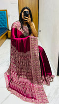 Beautiful Maroon Ajrakh Pure Gajji Silk Saree WIth Tassel
