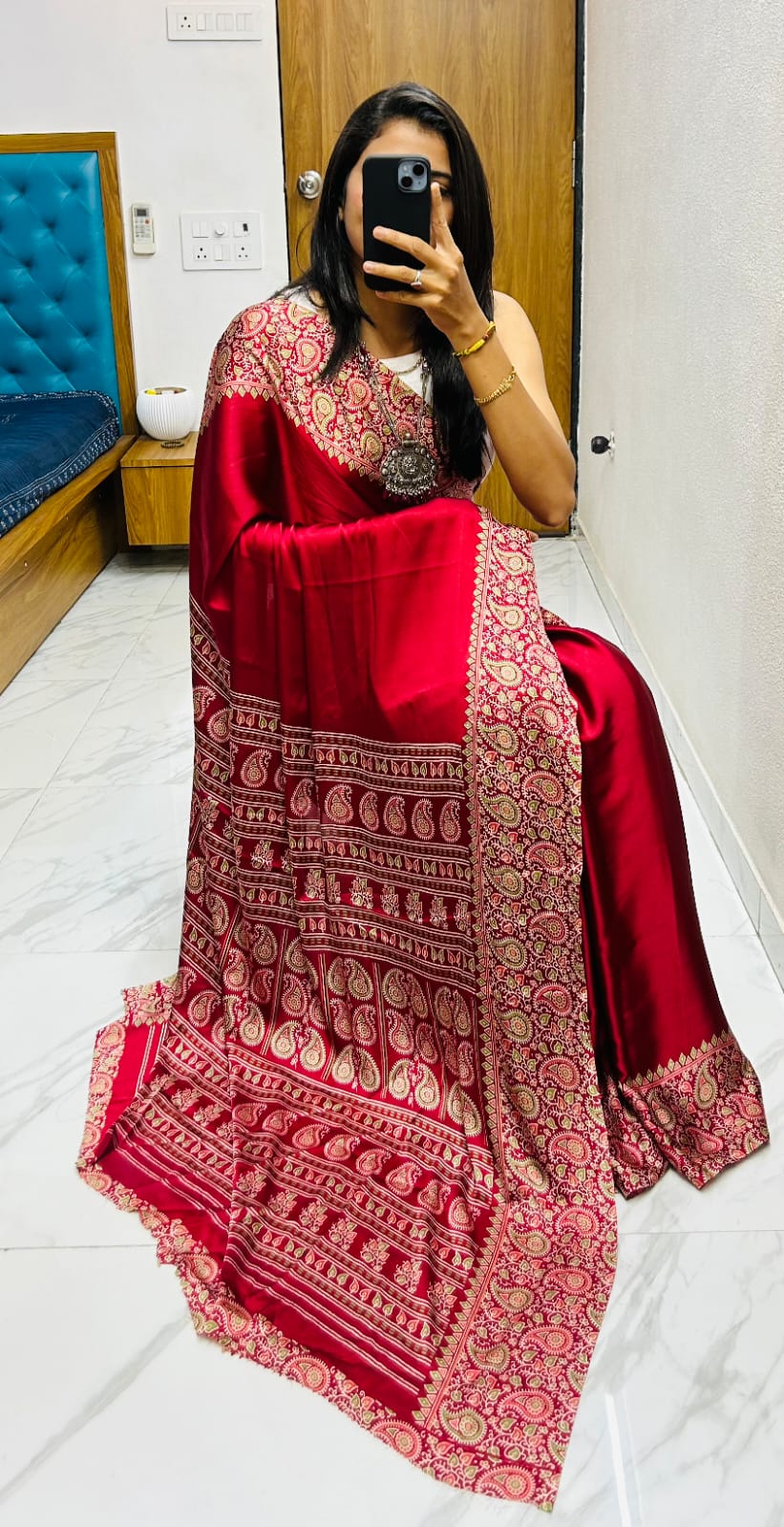 Beautiful Red Ajrakh Pure Gajji Silk Saree WIth Tassel