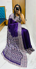 Beautiful Purpul Ajrakh Pure Gajji Silk Saree WIth Tassel