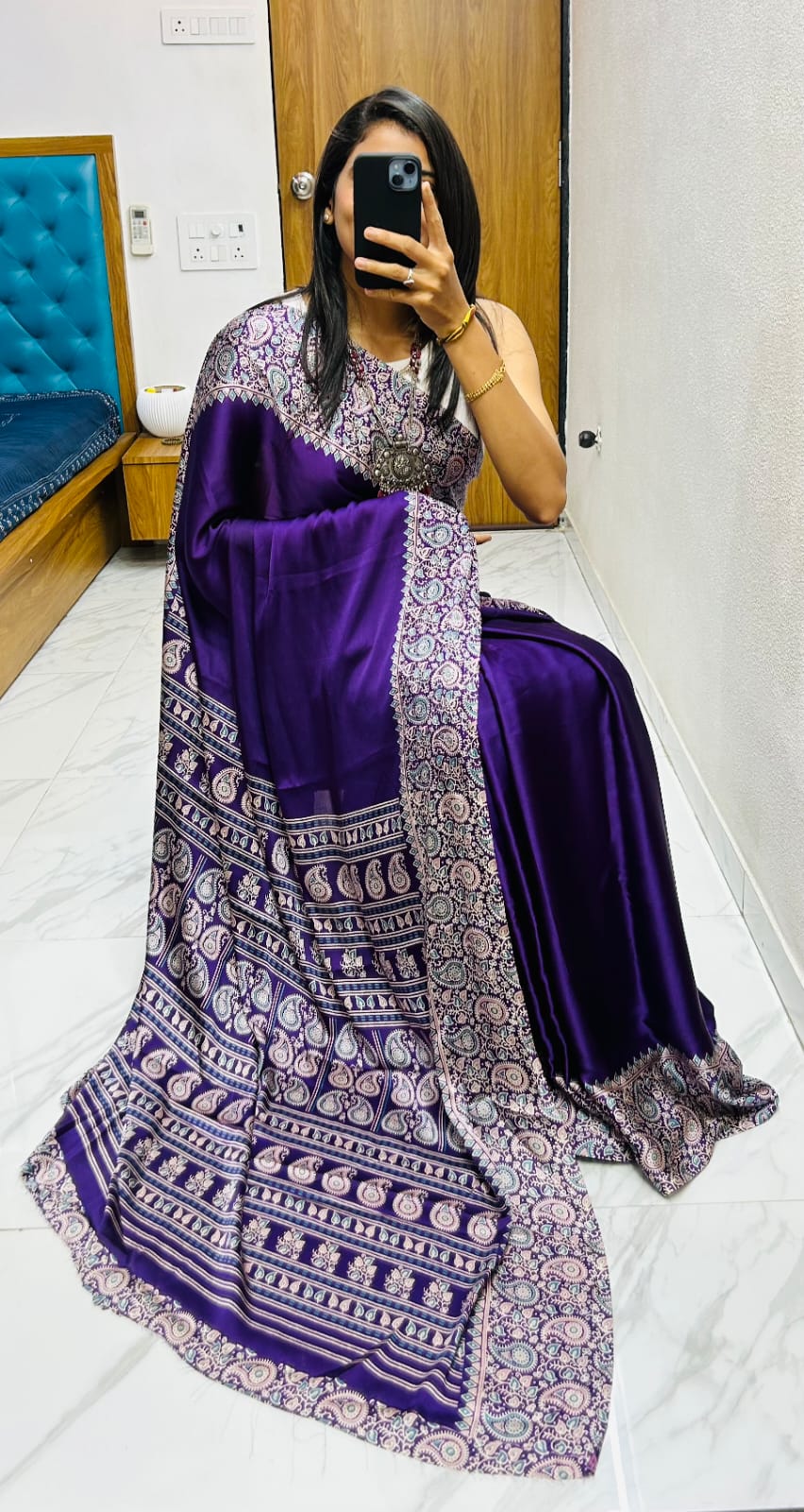 Beautiful Purpul Ajrakh Pure Gajji Silk Saree WIth Tassel
