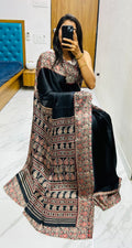 Beautiful Black Ajrakh Pure Gajji Silk Saree WIth Tassel