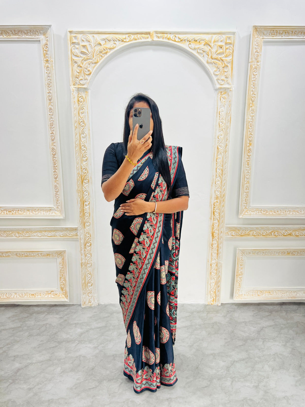 Ajrakh Printed Semi Gaji Silk Saree With Ajrakh Blouse