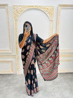 Ajrakh Printed Semi Gaji Silk Saree With Ajrakh Blouse