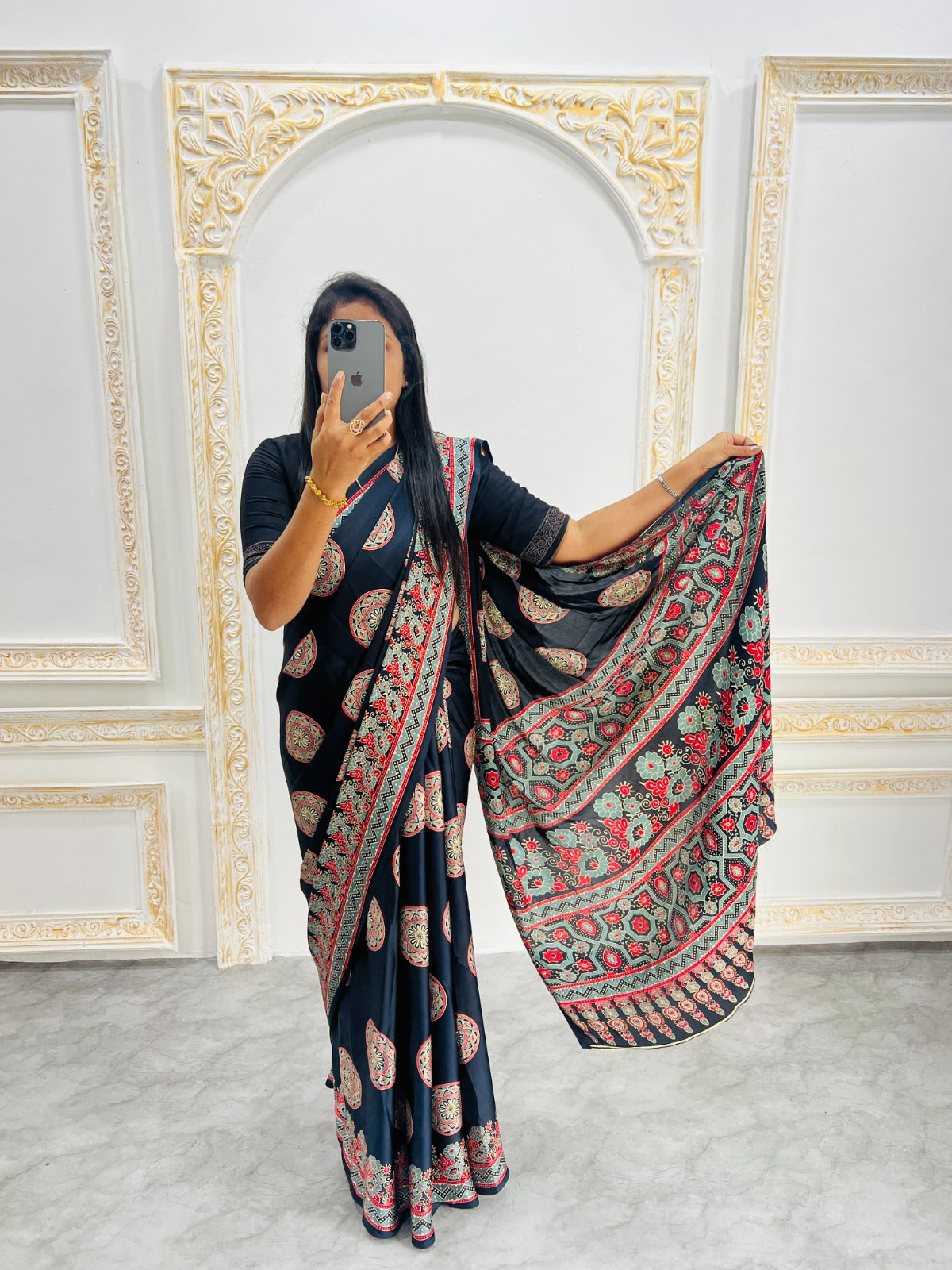 Ajrakh Printed Semi Gaji Silk Saree With Ajrakh Blouse