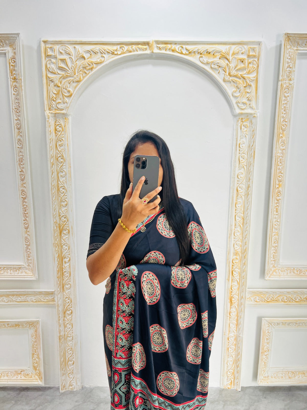 Ajrakh Printed Semi Gaji Silk Saree With Ajrakh Blouse