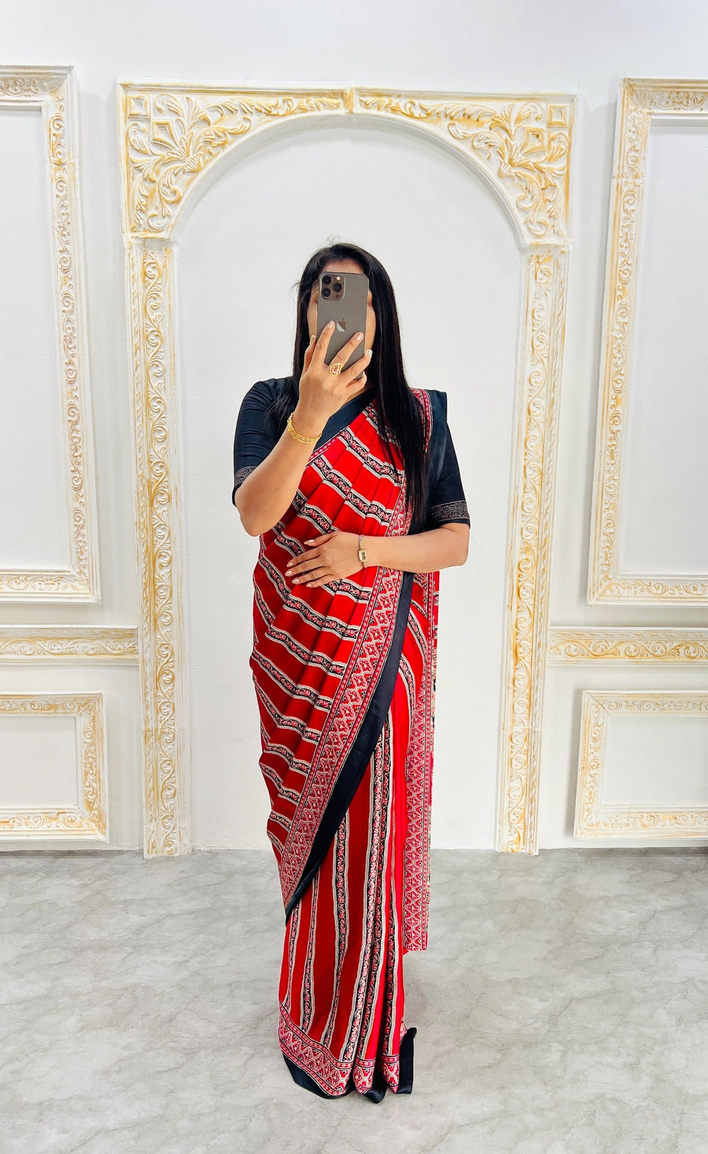 Ajrakh Printed Semi Gaji Silk Saree With Ajrakh Blouse