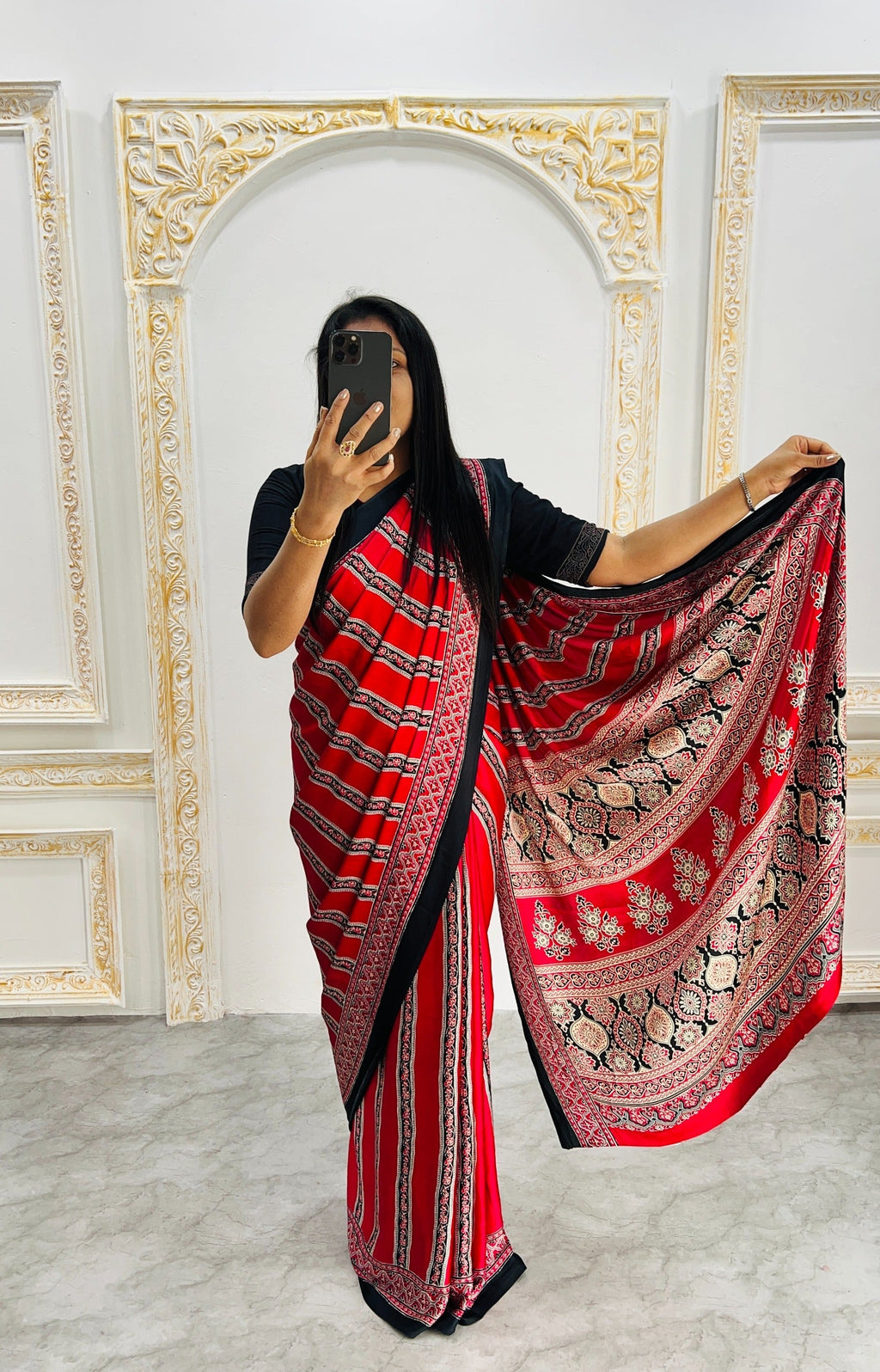 Ajrakh Printed Semi Gaji Silk Saree With Ajrakh Blouse