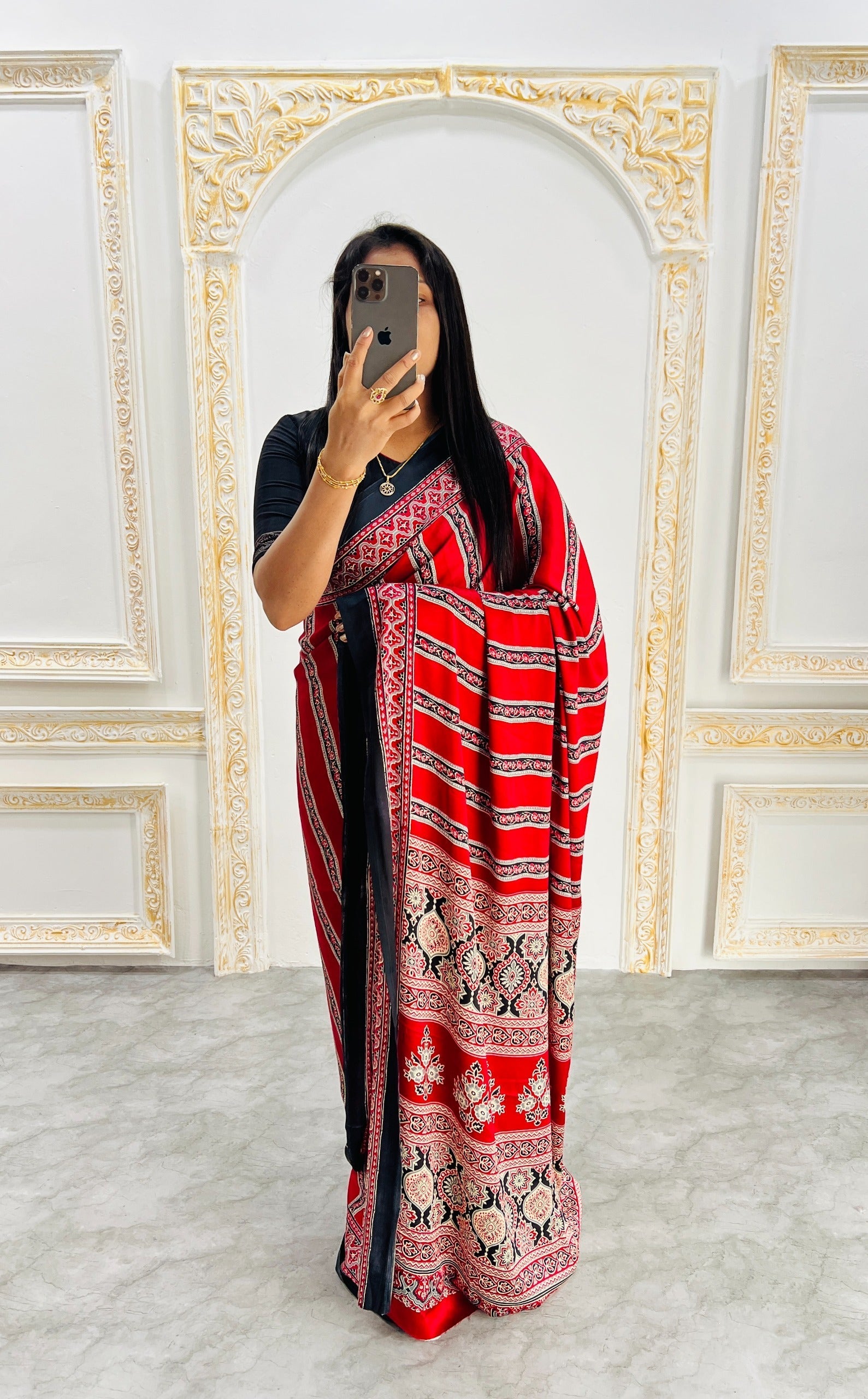 Ajrakh Printed Semi Gaji Silk Saree With Ajrakh Blouse