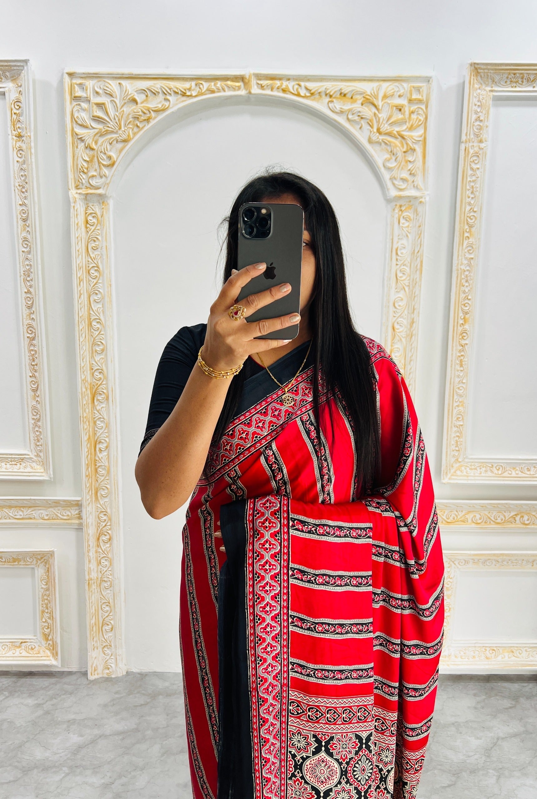 Ajrakh Printed Semi Gaji Silk Saree With Ajrakh Blouse