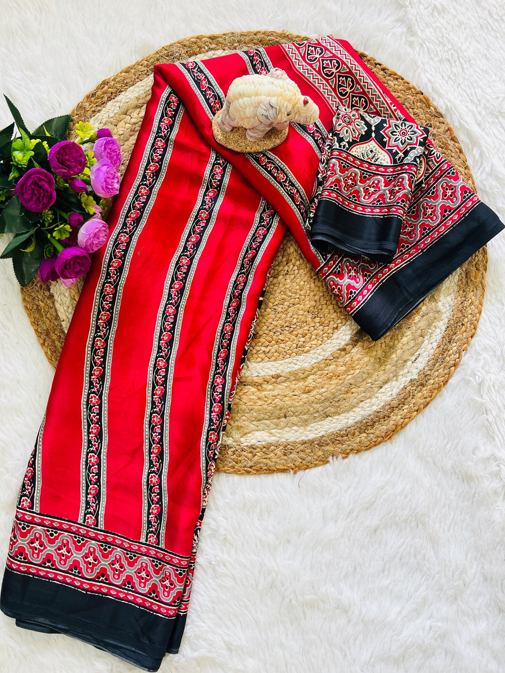 Ajrakh Printed Semi Gaji Silk Saree With Ajrakh Blouse