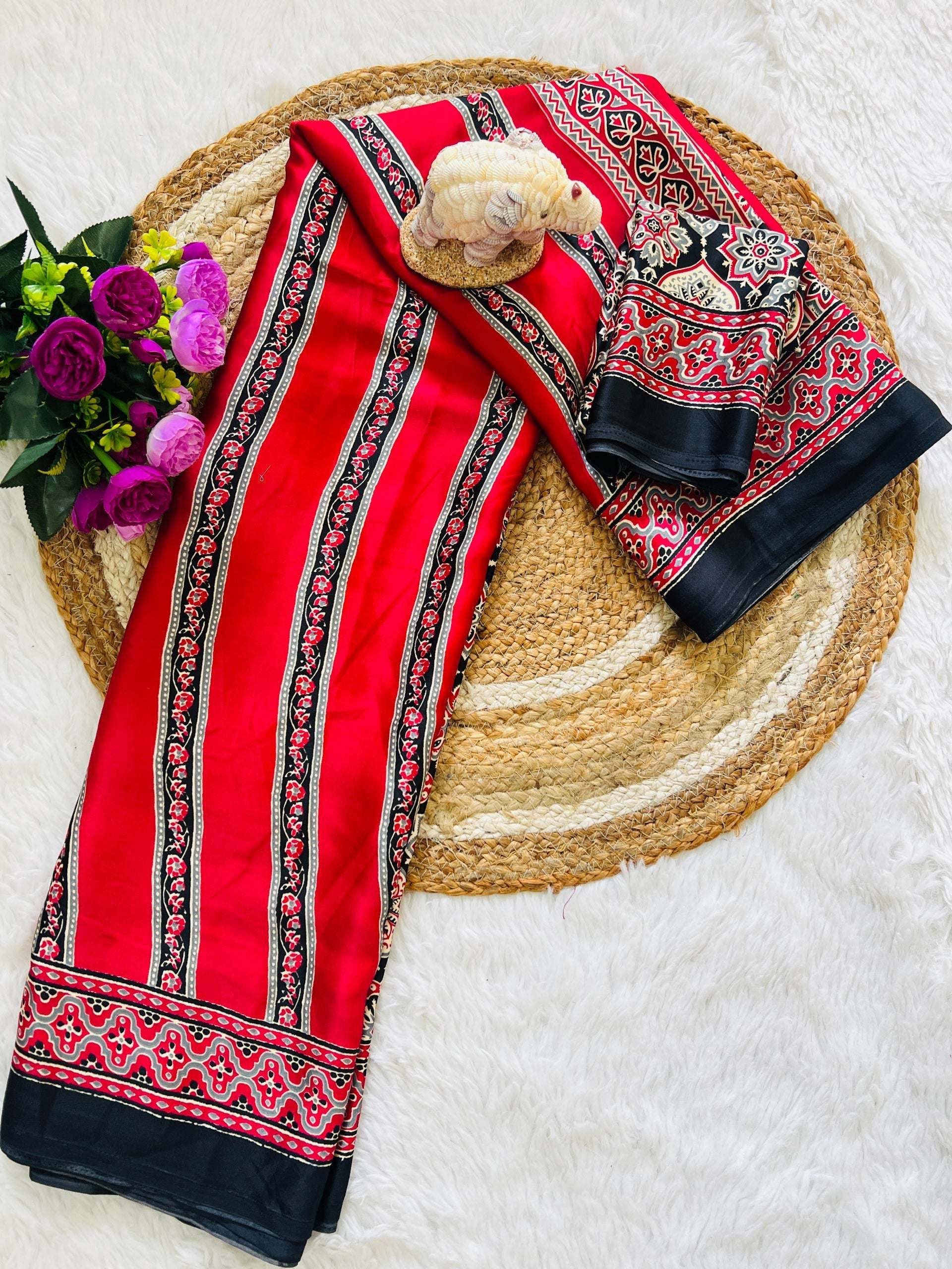 Ajrakh Printed Semi Gaji Silk Saree With Ajrakh Blouse
