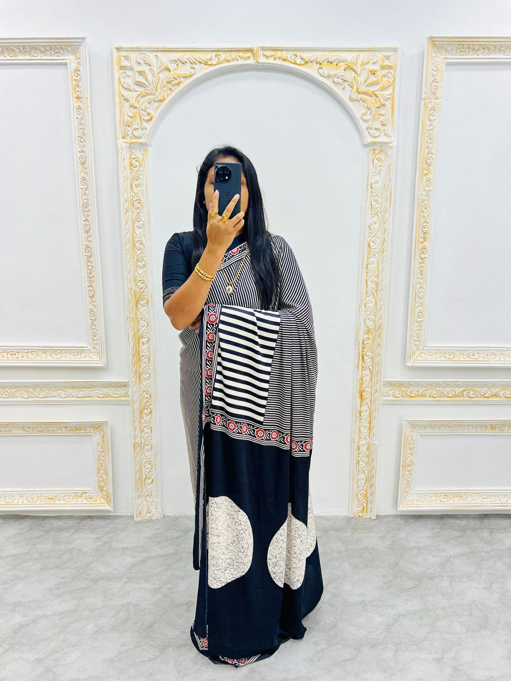 Ajrakh Printed Semi Gaji Silk Saree With Ajrakh Blouse