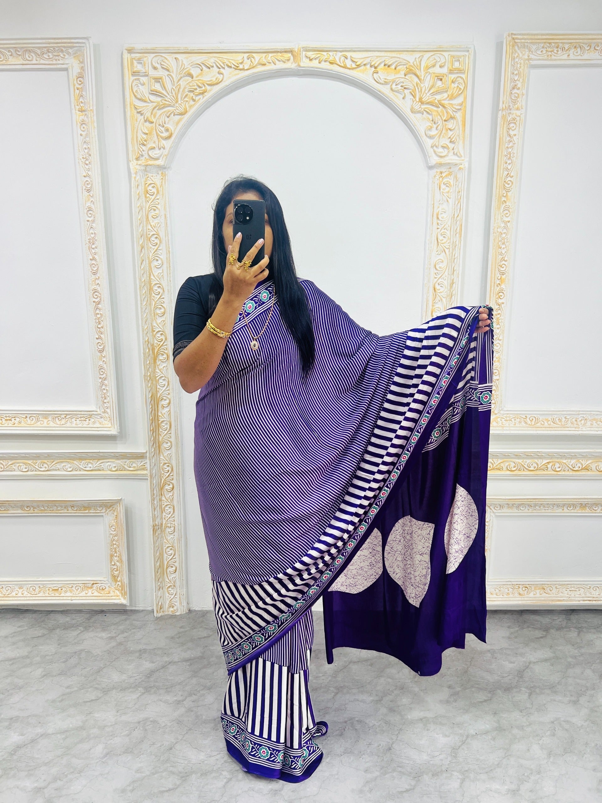 Ajrakh Printed Semi Gaji Silk Saree With Ajrakh Blouse