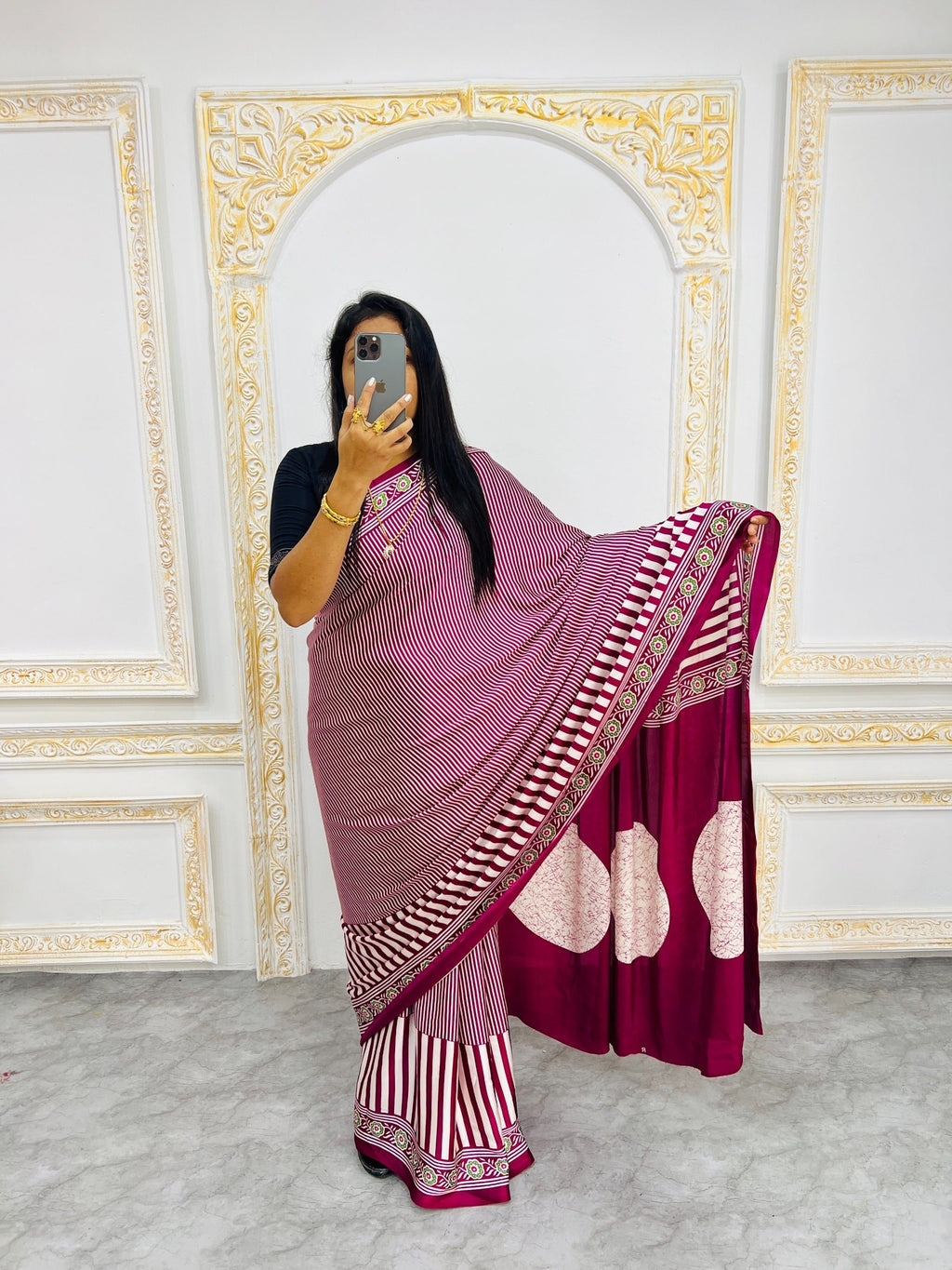 Ajrakh Printed Semi Gaji Silk Saree With Ajrakh Blouse