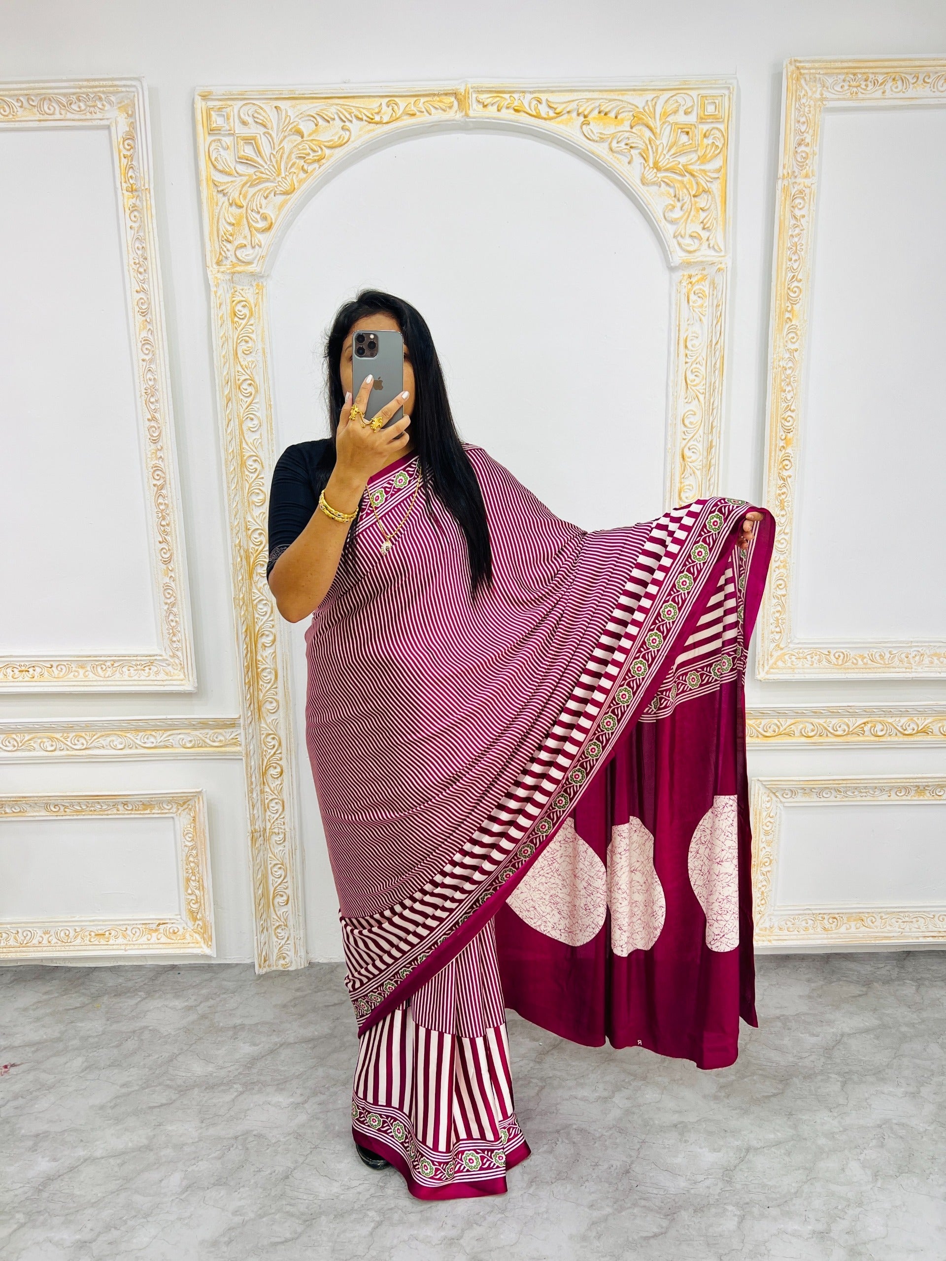 Ajrakh Printed Semi Gaji Silk Saree With Ajrakh Blouse