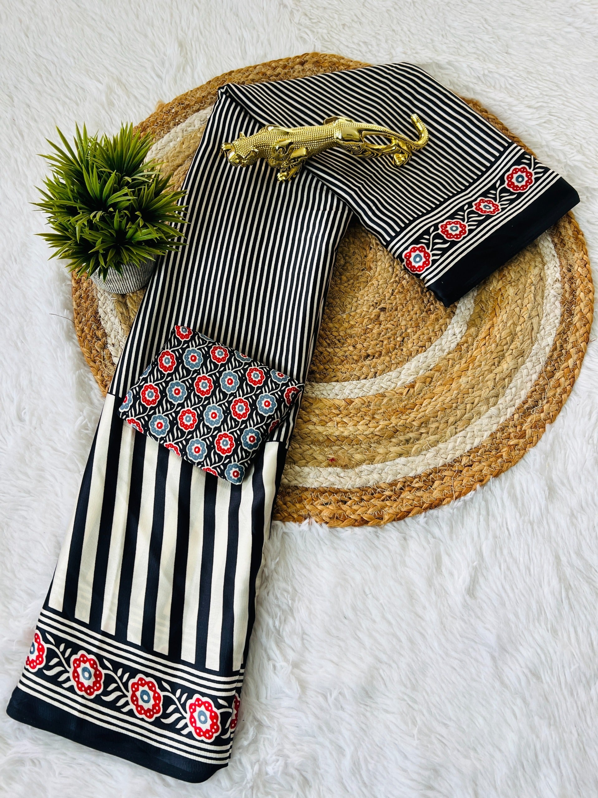 Ajrakh Printed Semi Gaji Silk Saree With Ajrakh Blouse