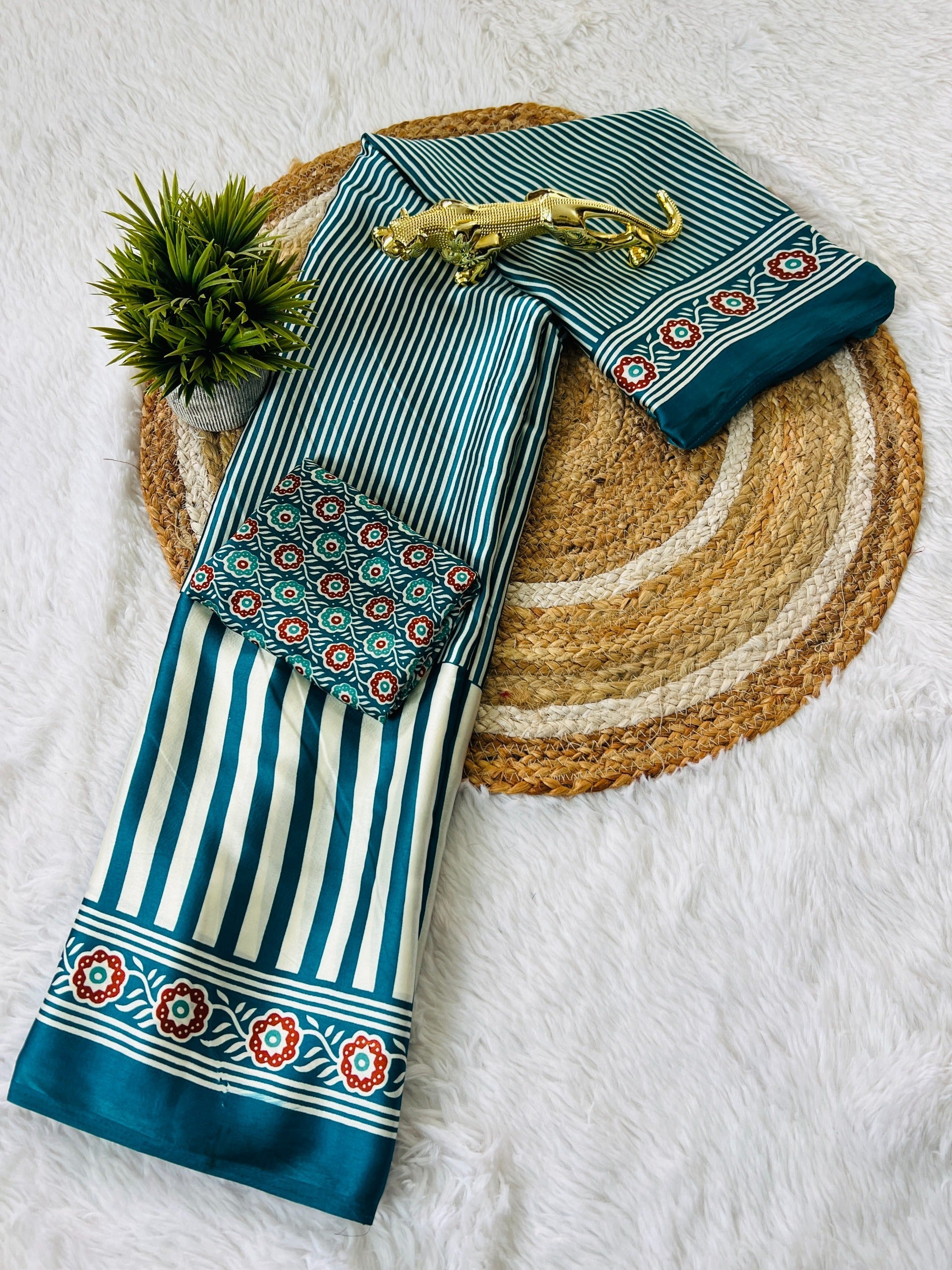 Ajrakh Printed Semi Gaji Silk Saree With Ajrakh Blouse