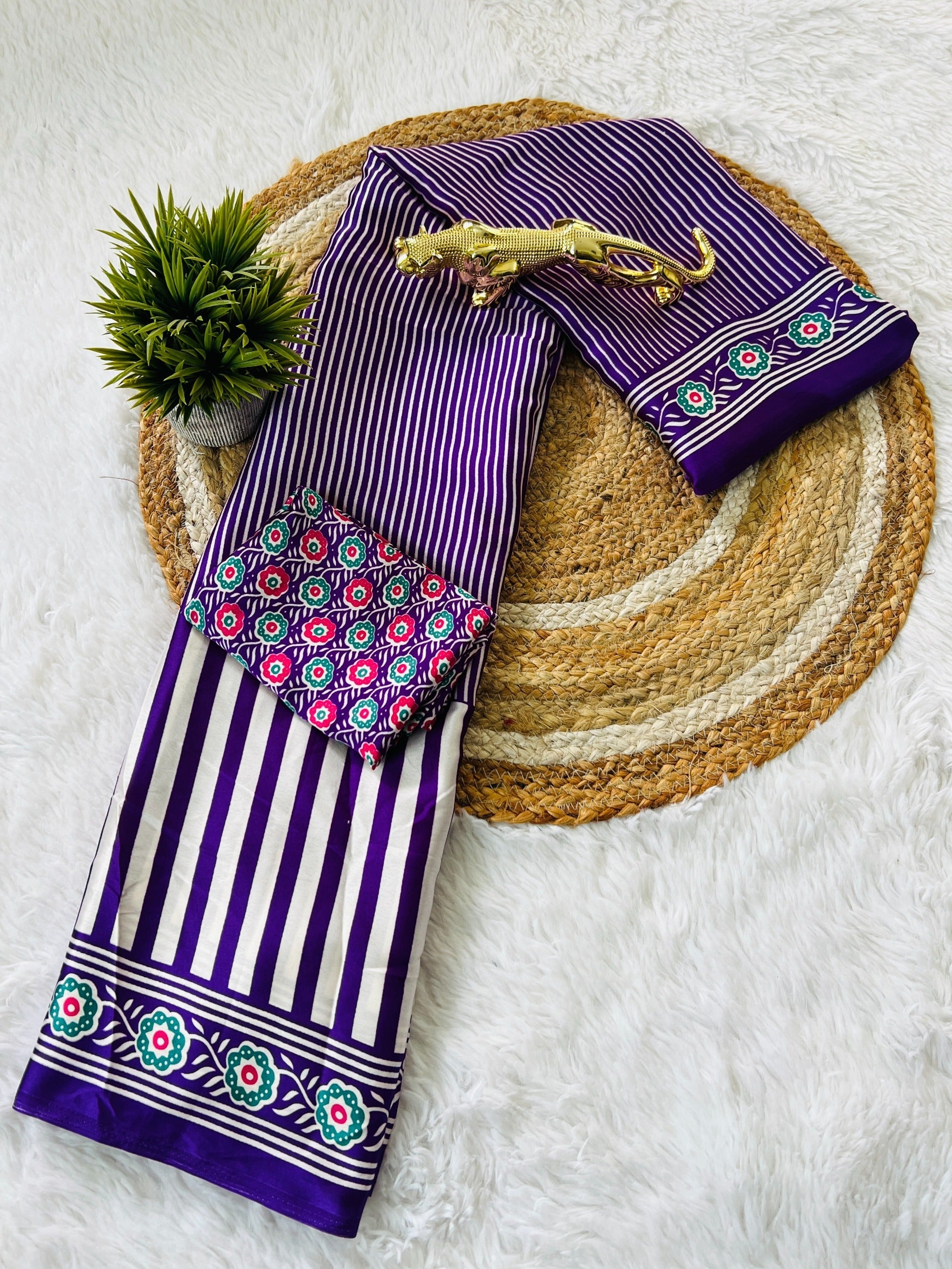 Ajrakh Printed Semi Gaji Silk Saree With Ajrakh Blouse