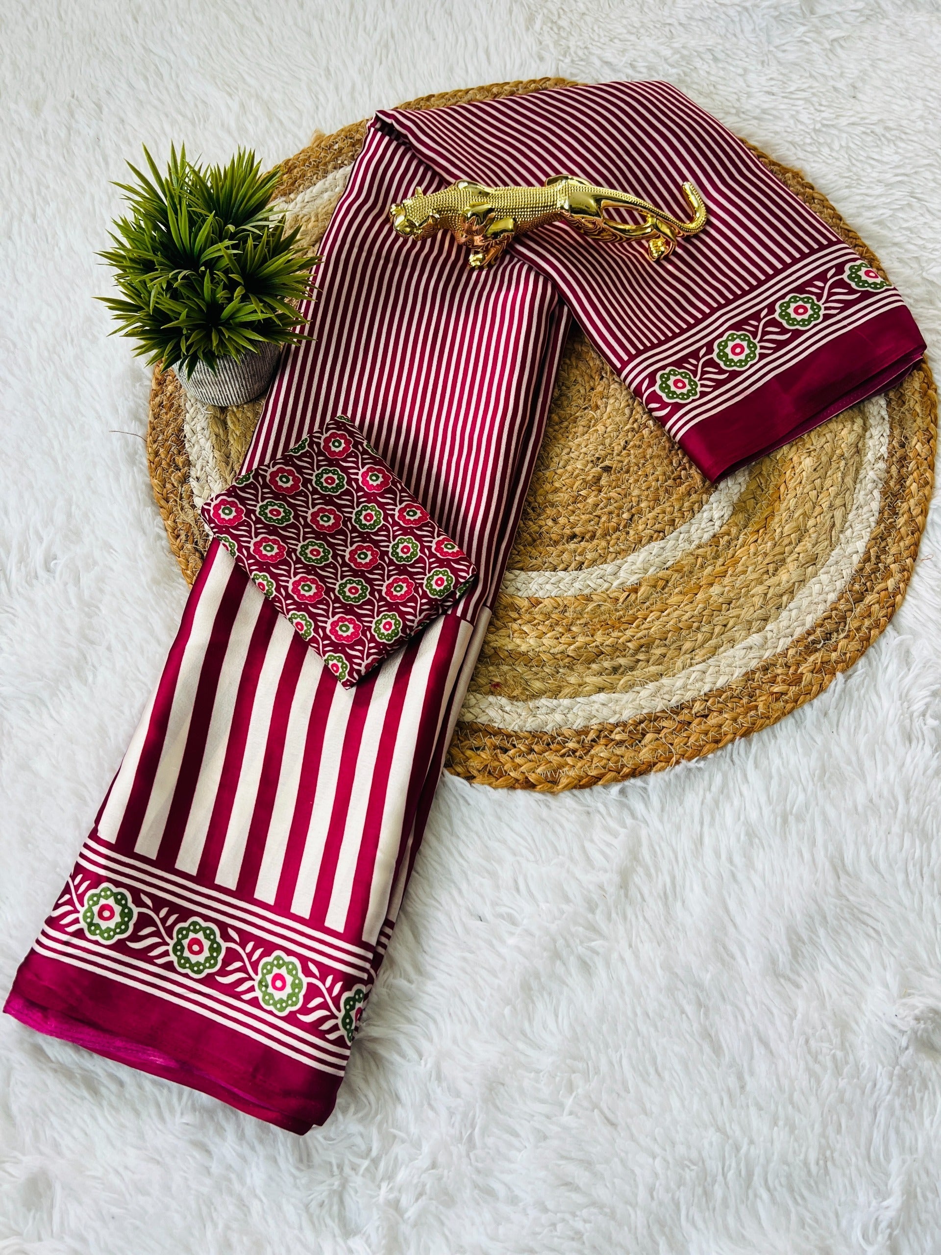 Ajrakh Printed Semi Gaji Silk Saree With Ajrakh Blouse
