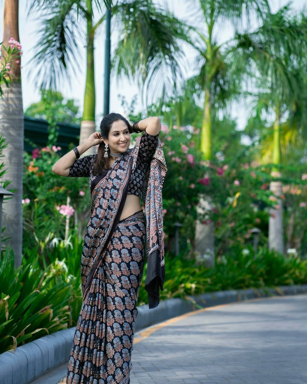 Black Ajrakh Primum Modal Silk Saree With Blouse