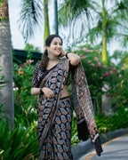 Black Ajrakh Primum Modal Silk Saree With Blouse
