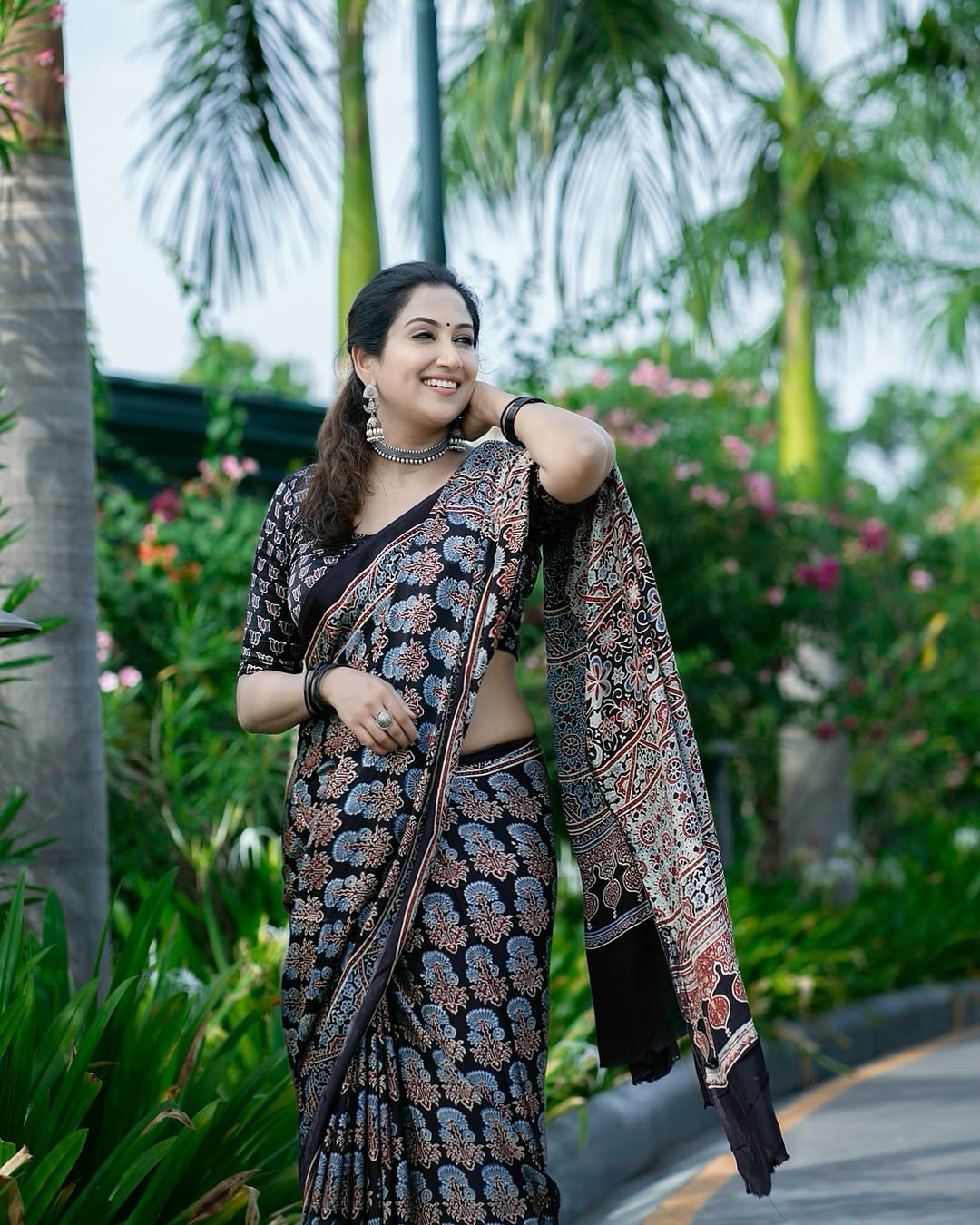 Black Ajrakh Primum Modal Silk Saree With Blouse