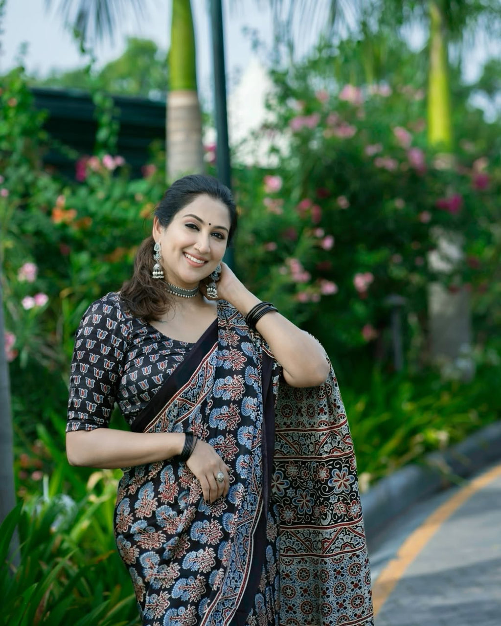 Black Ajrakh Primum Modal Silk Saree With Blouse