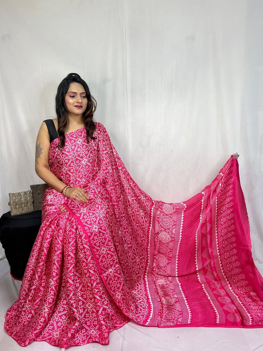 Pink Ajrakh Primum Modal Silk Saree With Blouse