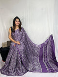 Violet Blue Ajrakh Primum Modal Silk Saree With Blouse