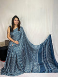Blue Ajrakh Primum Modal Silk Saree With Blouse