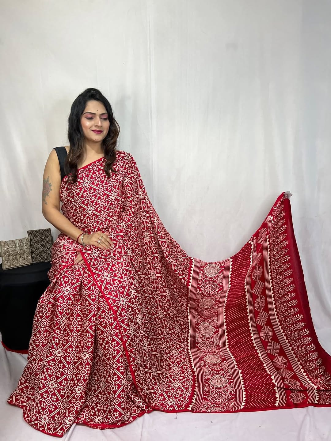 Red Ajrakh Primum Modal Silk Saree With Blouse