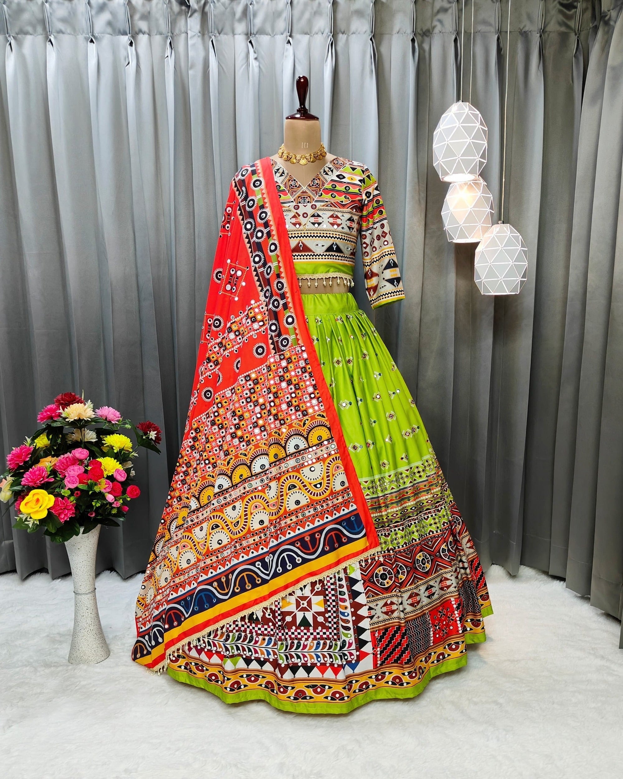 Green Color Soft Butter Silk Chaniya Choli | Fancy Digital with Real Mirror Work for Traditional Wear