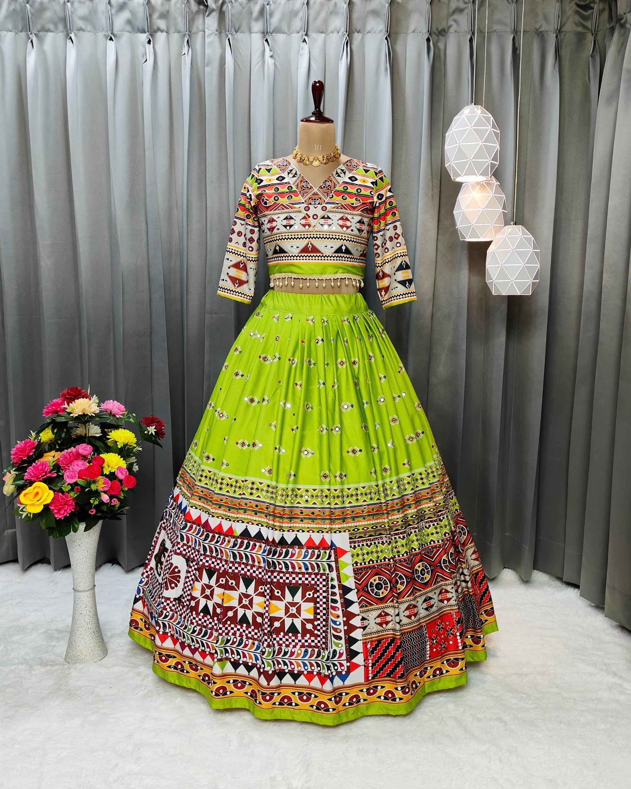 Green Color Soft Butter Silk Chaniya Choli | Fancy Digital with Real Mirror Work for Traditional Wear