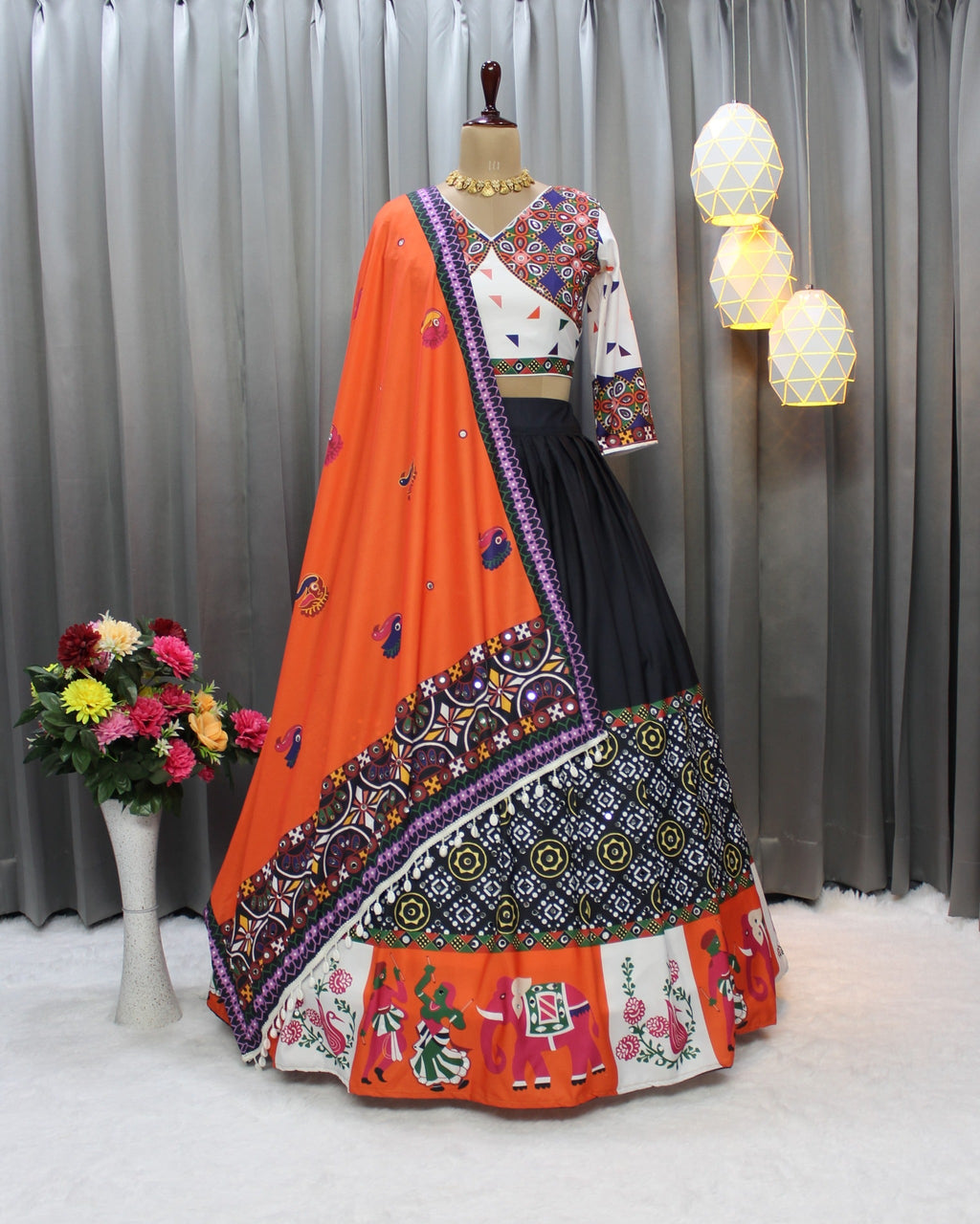 Black Color Soft Butter Silk Chaniya Choli | Fancy Digital with Real Mirror Work for Traditional Wear