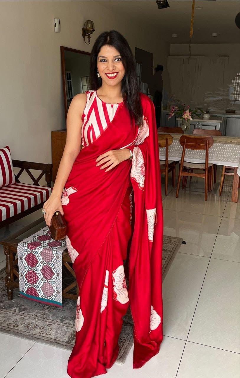 Red Ajrakh Primum Modal Silk Saree With Blouse