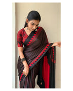 Black Red Line Ajrakh Primum Modal Silk Saree With Blouse