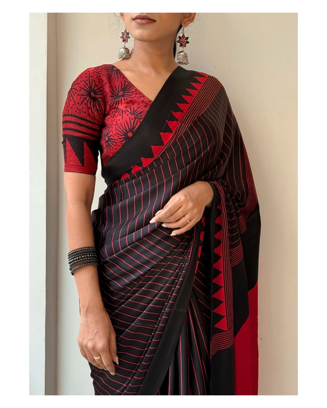 Black Red Line Ajrakh Primum Modal Silk Saree With Blouse
