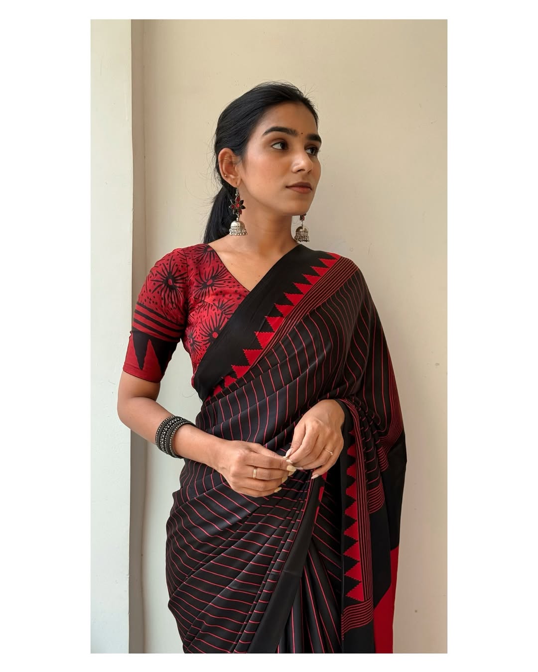 Black Red Line Ajrakh Primum Modal Silk Saree With Blouse
