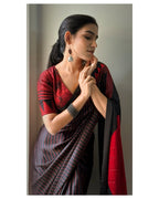 Black Red Line Ajrakh Primum Modal Silk Saree With Blouse