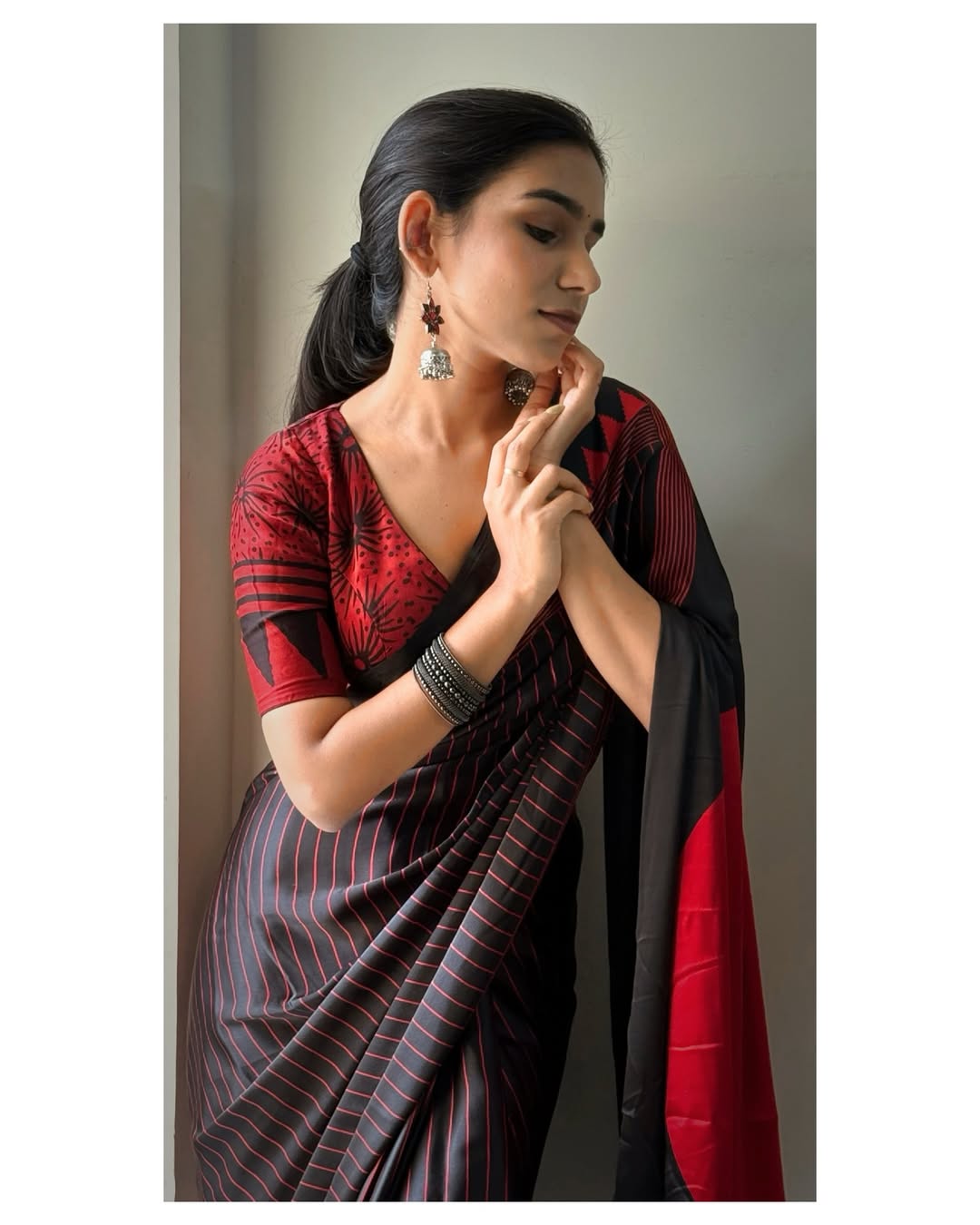 Black Red Line Ajrakh Primum Modal Silk Saree With Blouse