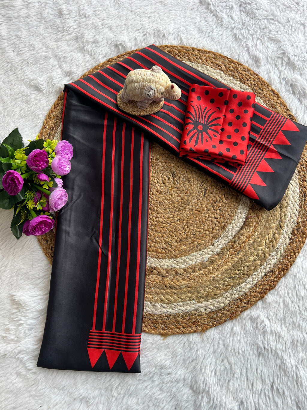 Black Red Line Ajrakh Primum Modal Silk Saree With Blouse