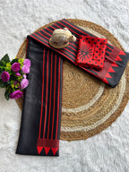 Black Red Line Ajrakh Primum Modal Silk Saree With Blouse