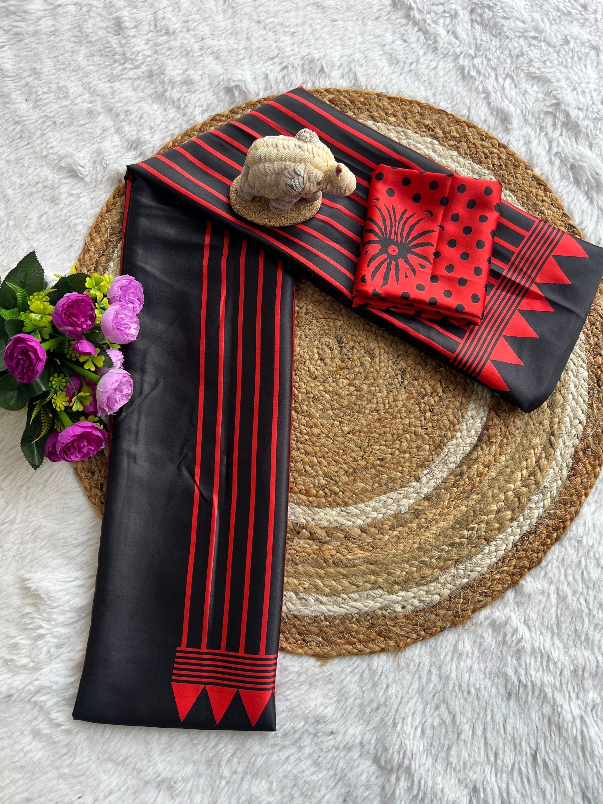 Black Red Line Ajrakh Primum Modal Silk Saree With Blouse