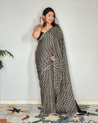 Black Ajrakh Primum Modal Silk Saree With Blouse