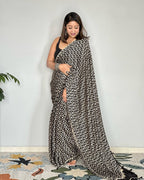 Black Ajrakh Primum Modal Silk Saree With Blouse