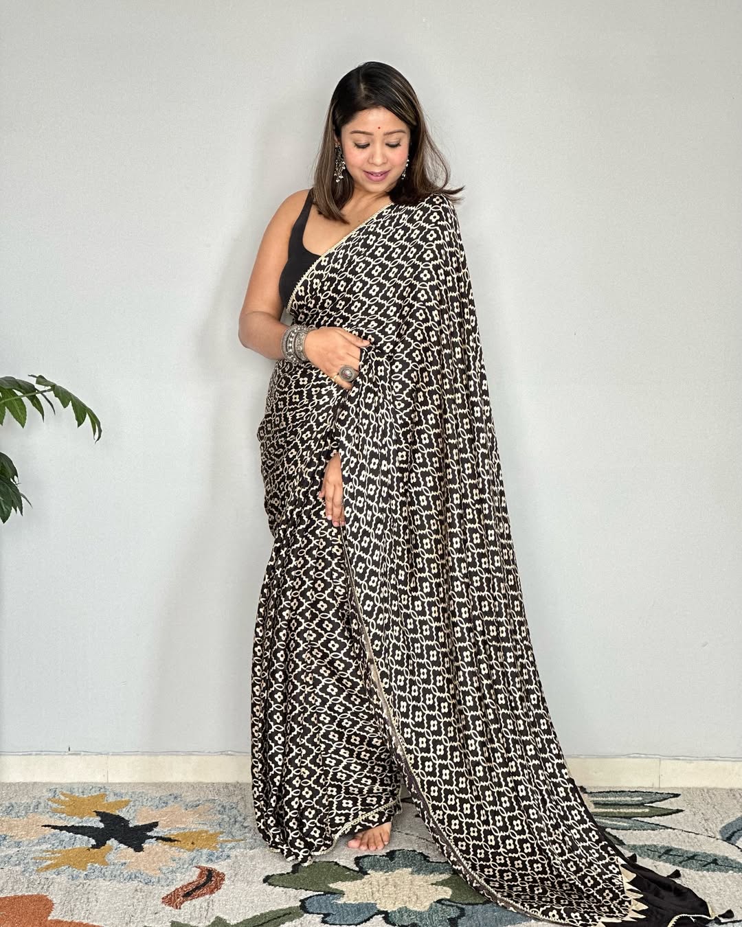 Black Ajrakh Primum Modal Silk Saree With Blouse