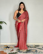 Red Ajrakh Primum Modal Silk Saree With Blouse